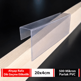Ahşap Rafa Dik Geçmeli Şeffaf PVC Etiketlik 20x4cm – 18mm