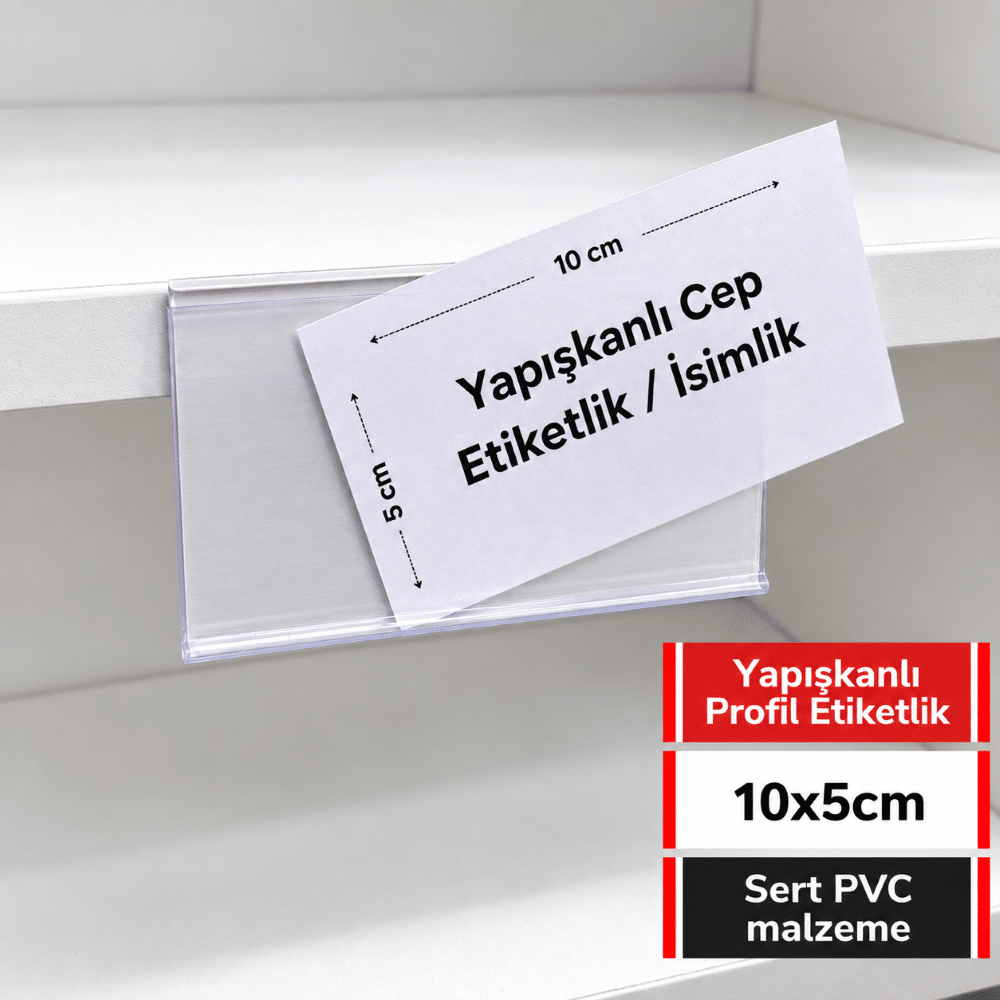 Profil Etiketlik 10×5 cm Raf Önü Yapışkanlı PVC Şeffaf Profil Etiketlik 10x5cm